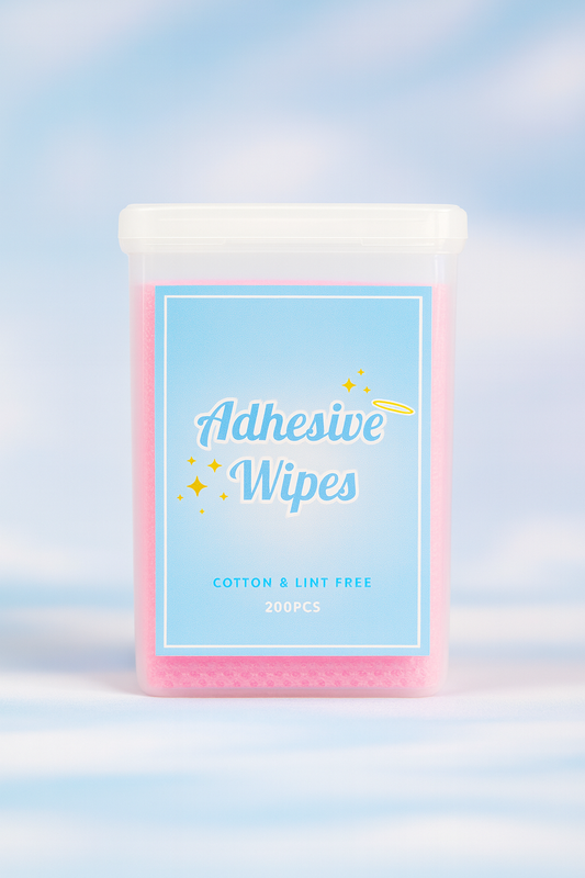 Adhesive wipes packaging with a blue label on a light blue background