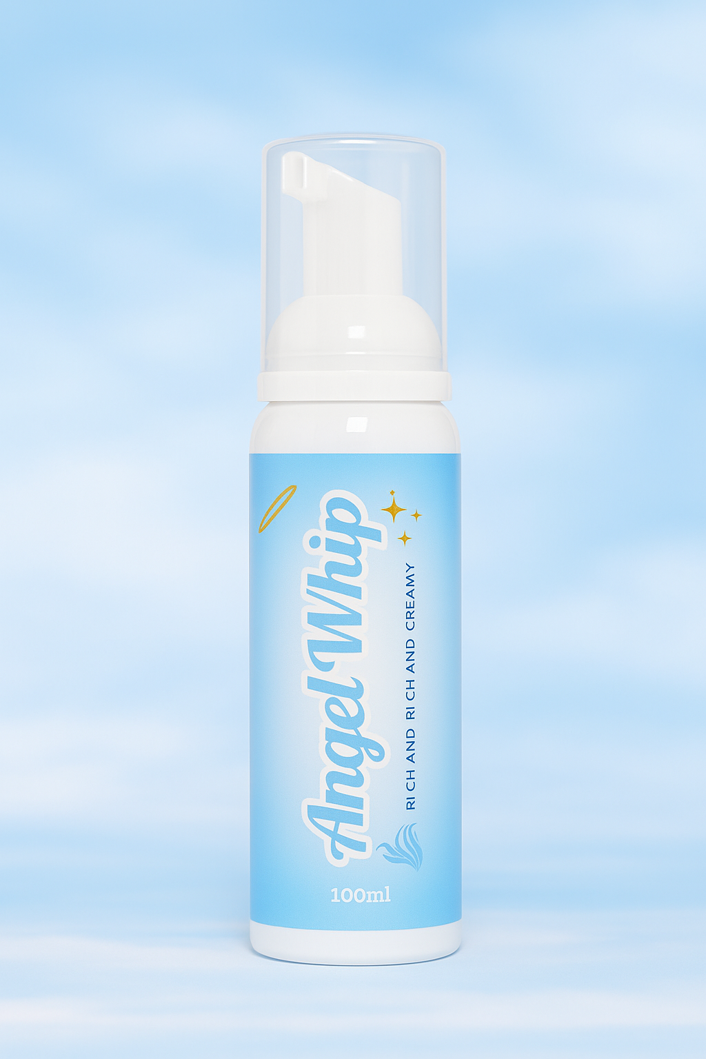 Foam bottle labeled 'Angel Whip' on a light blue sky background