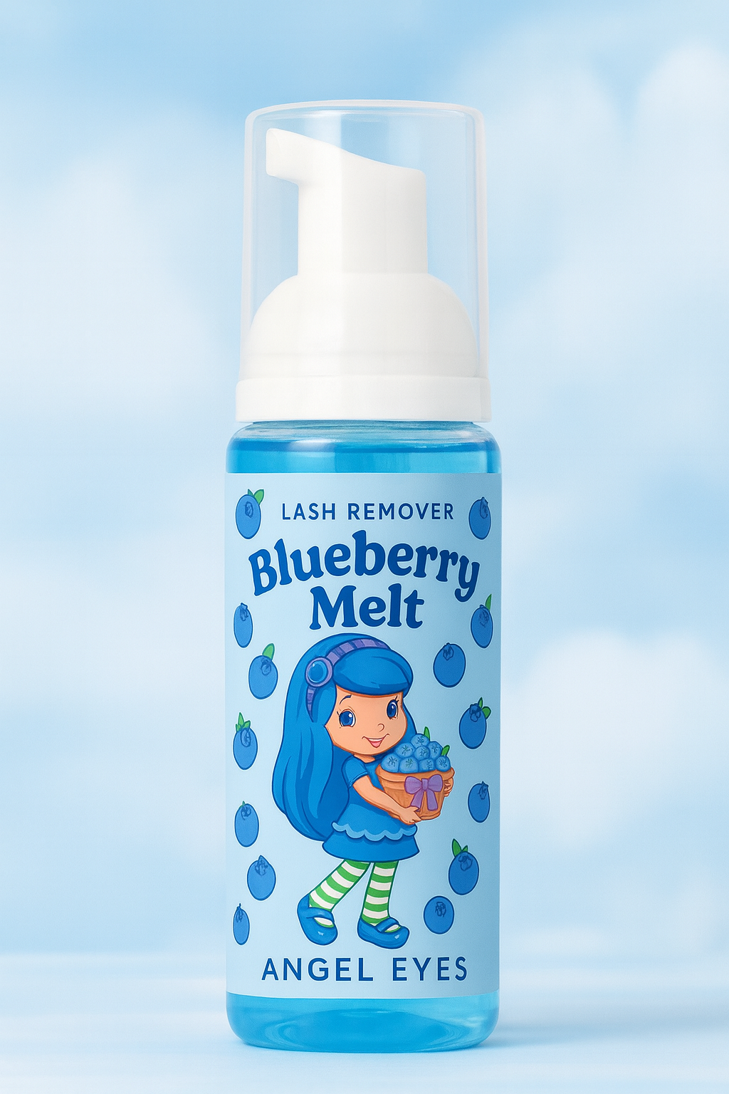 Blueberry Melt lash remover bottle with a blue sky background