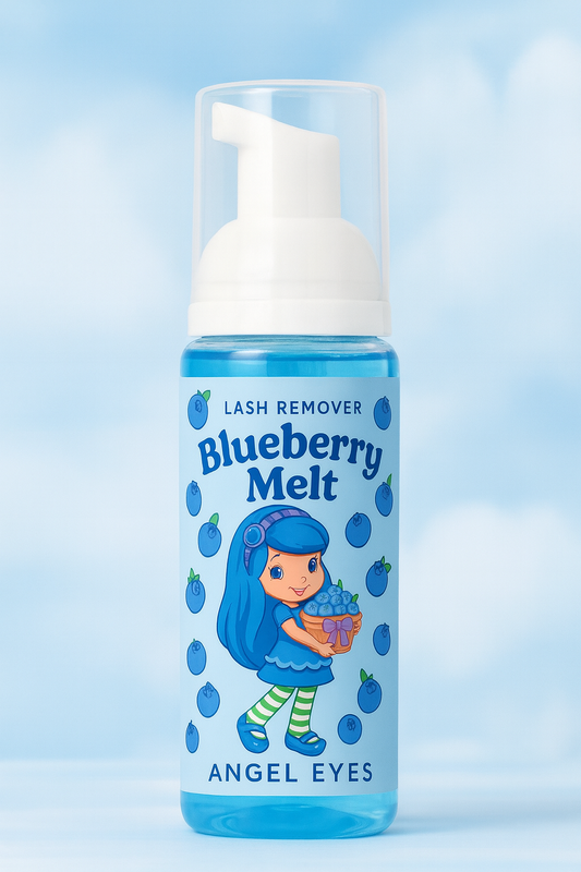 Blueberry Melt lash remover bottle with a blue sky background