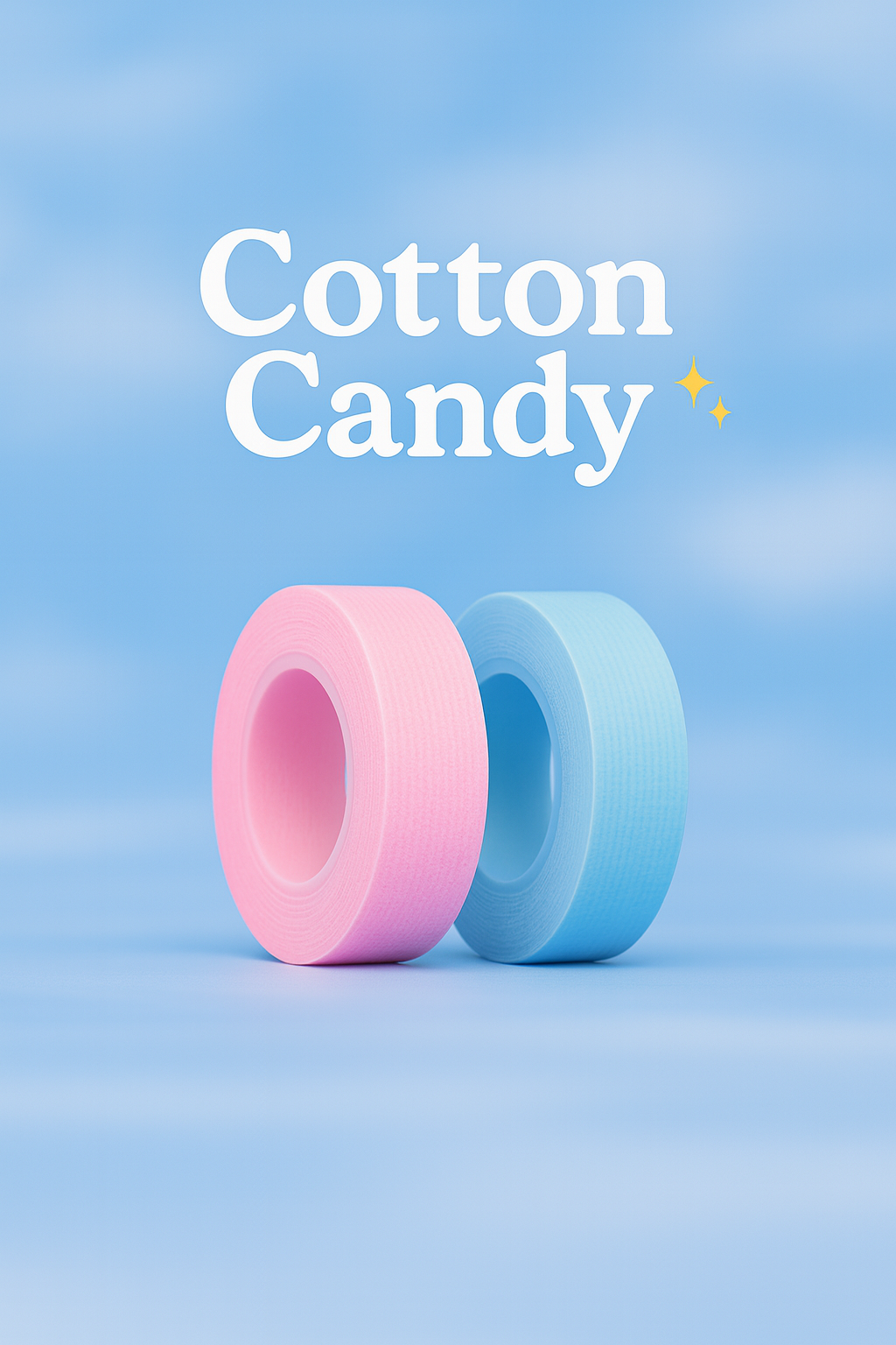 Two pink and blue lash tape rolls, on a blue sky background with 'Cotton Candy' text.