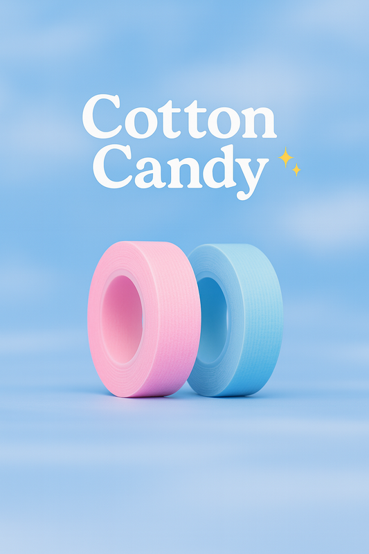 Two pink and blue lash tape rolls, on a blue sky background with 'Cotton Candy' text.