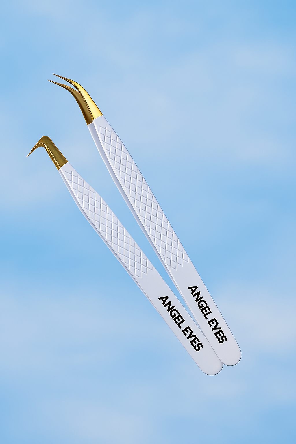 Pair of white tweezers with gold tips on a blue sky background